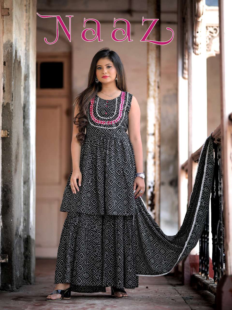 S3forever-Naaz-Pure Cotton-Classy-Printed-Hand-Embroidery-Mirror-Work-Kurti-Sharara-Dupatta-Poster